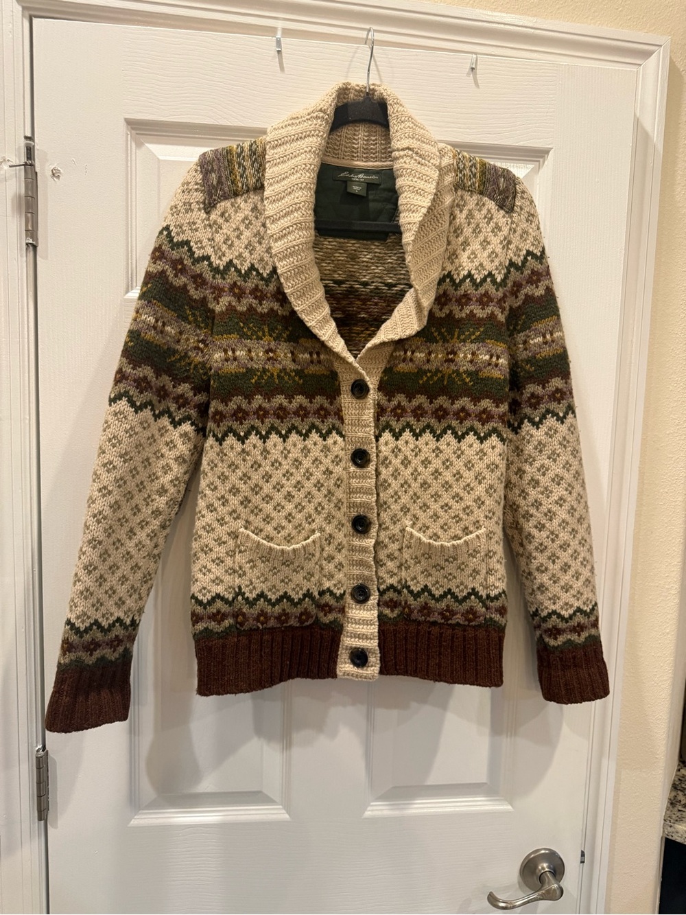Vintage Eddie Bauer Cream Fair Isle Shawl Collar Cardigan with Green and Brown